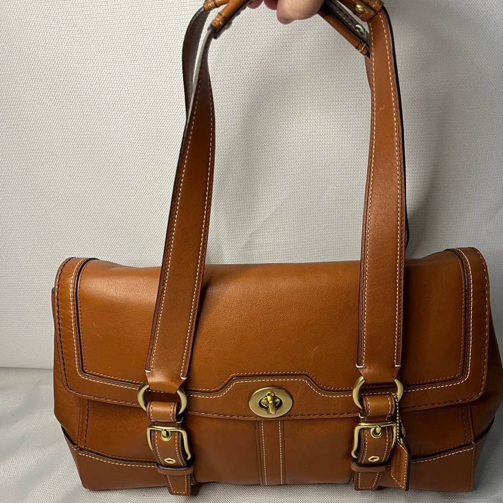 Coach Hampton Brown Leather Shoulder Bag in Saddle w/ Turn Lock Close & Buckles